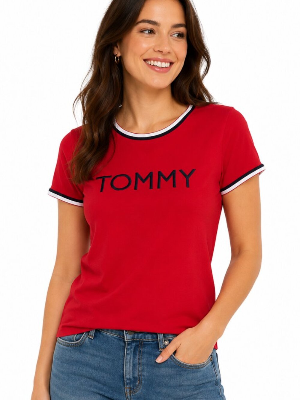 Tommy Hilfiger Women's XL Red Logo Ringer T-Shirt | Embroidered Tommy Graphic